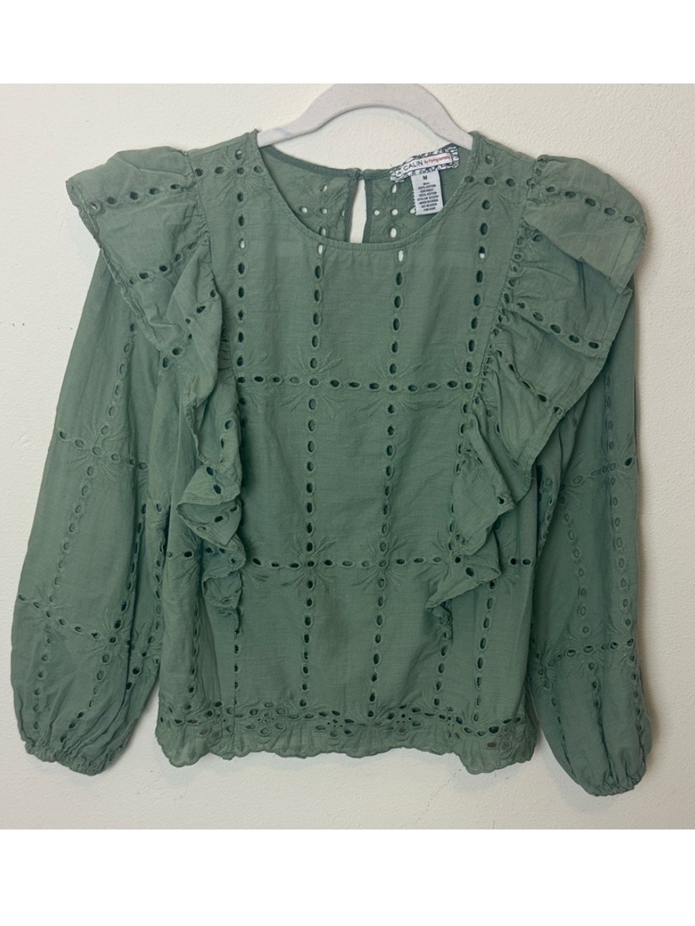 Flying Tomato Sage Green Eyelet Ruffle Blouse